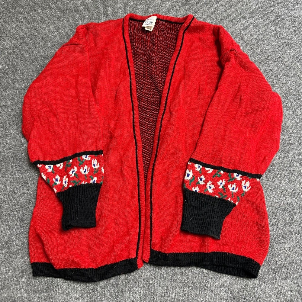 Paraspun Cardigan Womens Size 24W Red Floral Cuffs Open Front Vintage USA Made